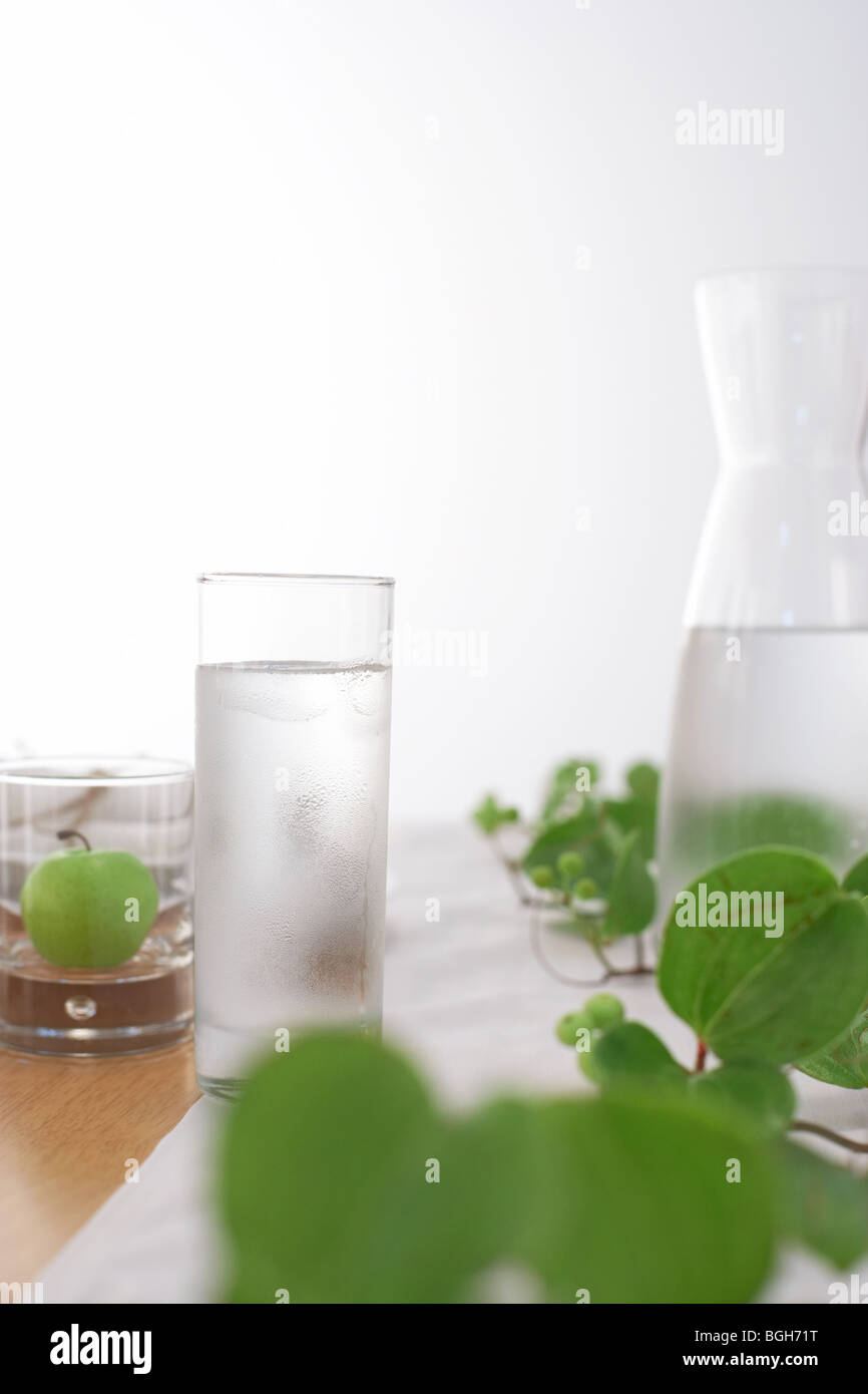 Bicchiere di acqua con un apple e pianta Foto Stock