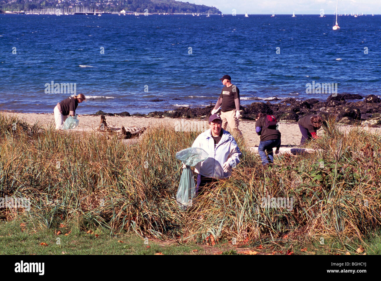 Spiaggia pulita fino / Cleanup, Kitsilano Beach, Vancouver, BC, British Columbia, Canada - Volontari il prelievo di lettiera / Garbage Foto Stock