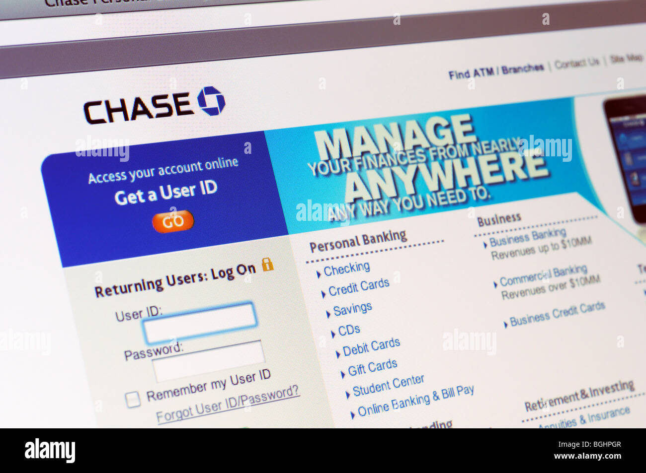 Chase Bank sito web Foto Stock