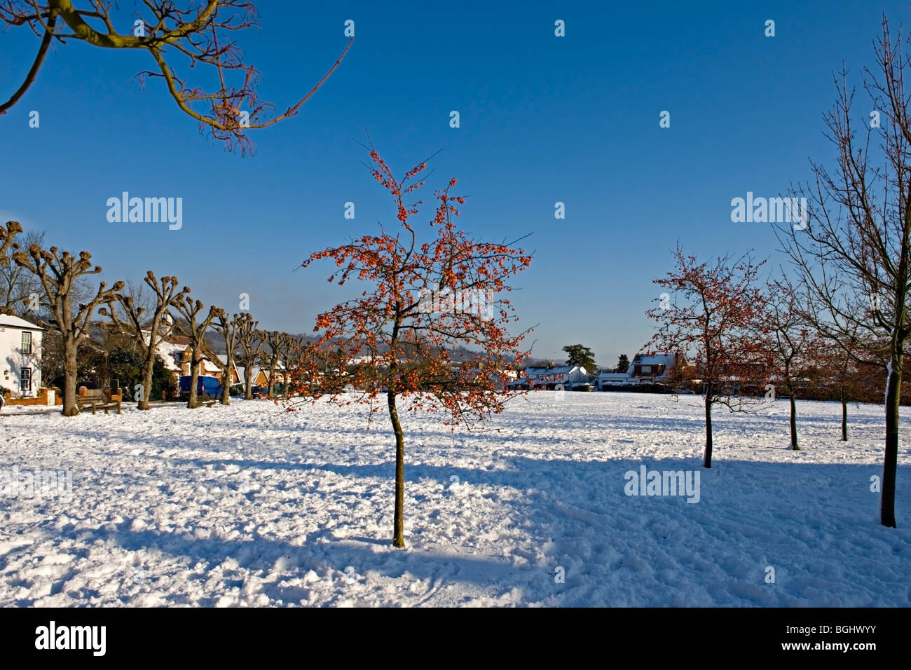 Weald village, Kent, Regno Unito dopo nevicata Foto Stock