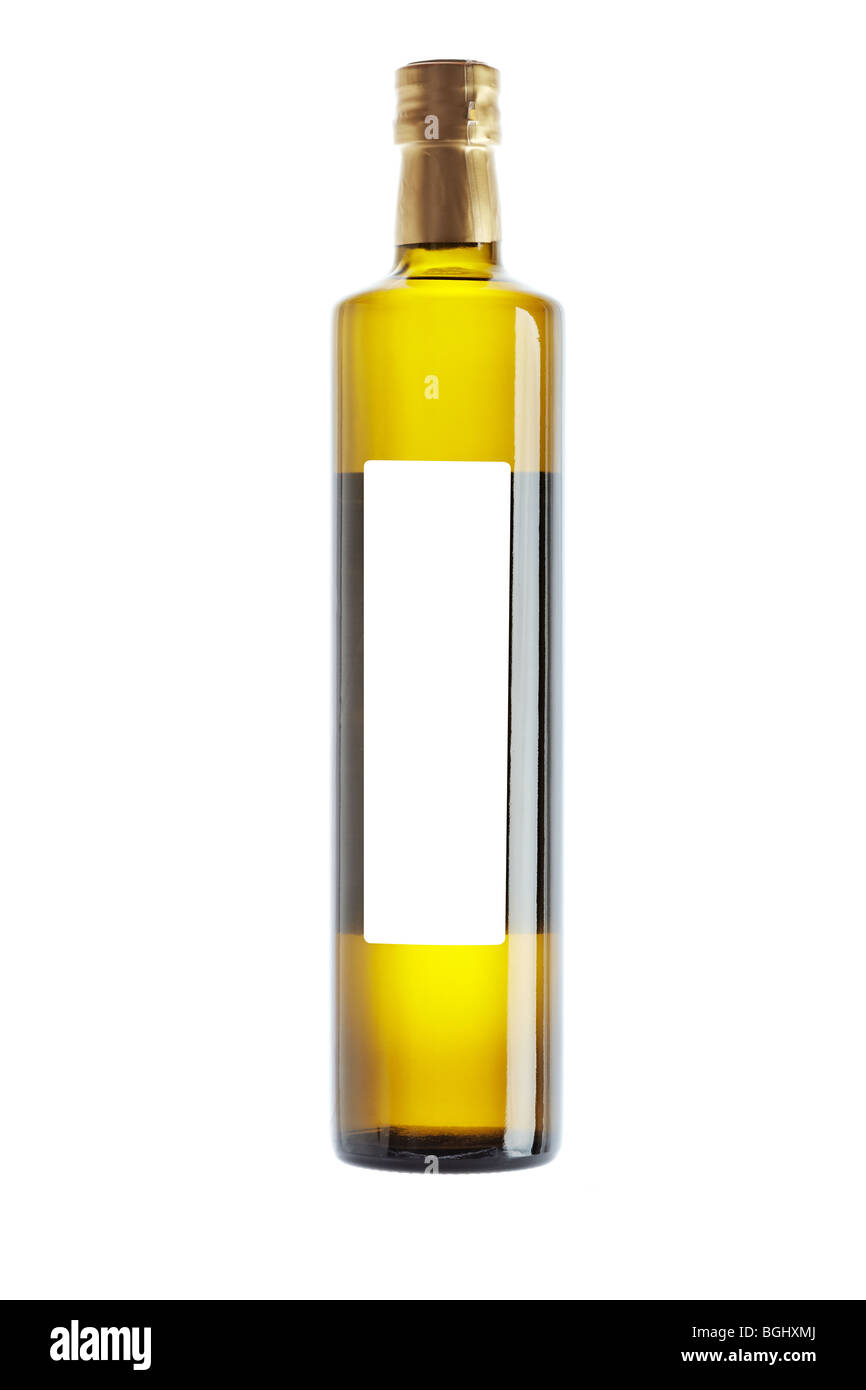 Olio di oliva Bottiglia con etichetta vuota isolata su sfondo bianco Foto Stock