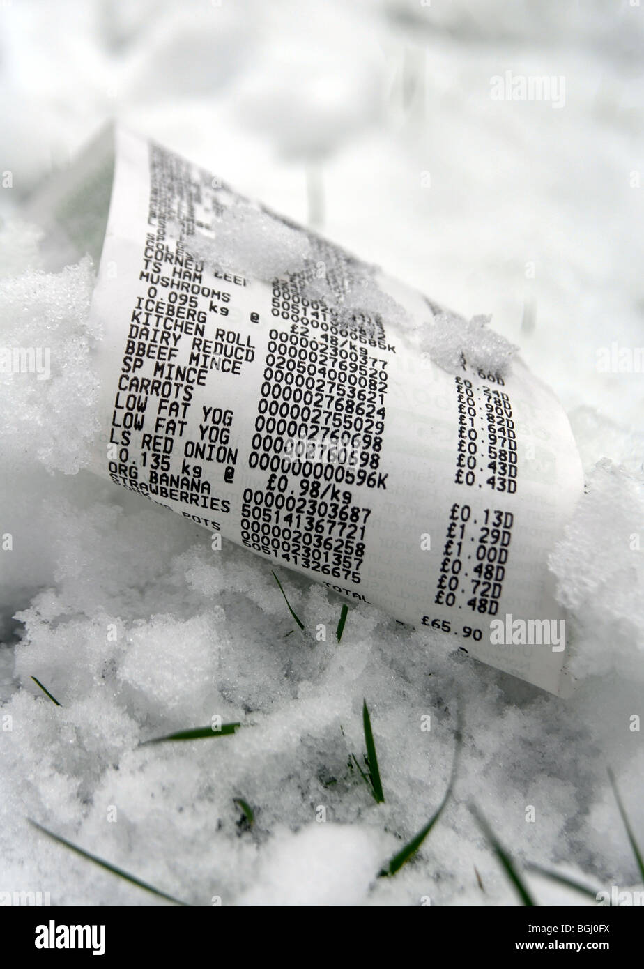 Supermercato britannico Bill alimentare / RICEZIONE IN CONDIZIONI DI NEVE RE AUMENTO DEL COSTO DEGLI ALIMENTI IN CASO DI MALTEMPO l'inverno,UK Foto Stock