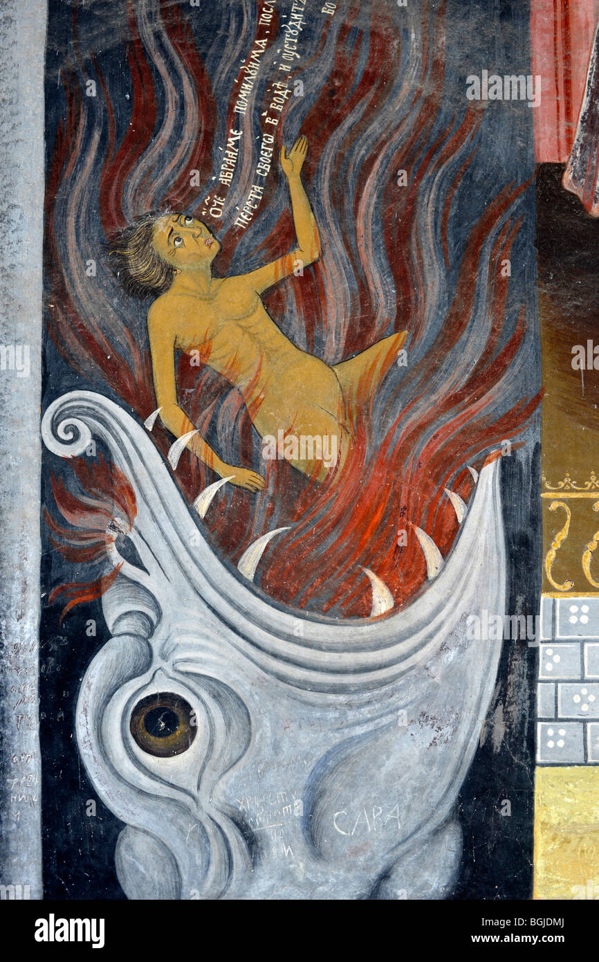 Dettaglio da uno degli esterni dipinti ad affresco al Monastero di Rila Foto Stock