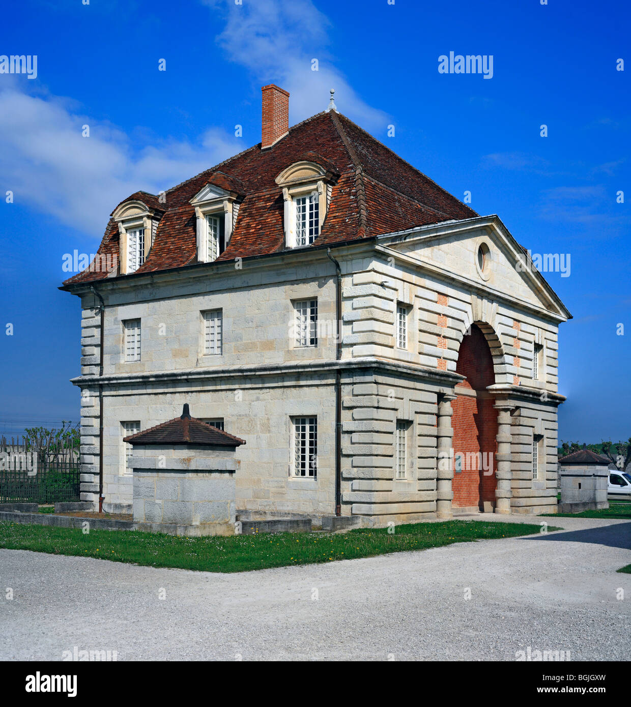 Soluzione salina Royale (Royal Saline), architetto Claude Nicolas Ledoux (1770s), Arc et Senans, Franche Comte, Francia Foto Stock