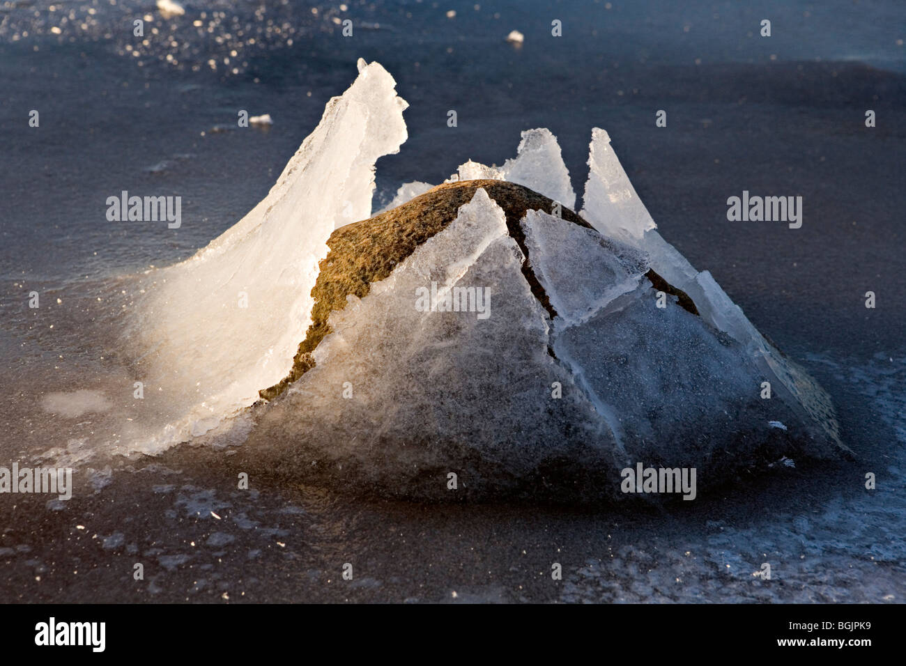 Rotto il ghiaccio sulla roccia in primo piano al Mar Baltico winterly costa al Ezurgu scogliere in Vidzeme Lettonia Foto Stock