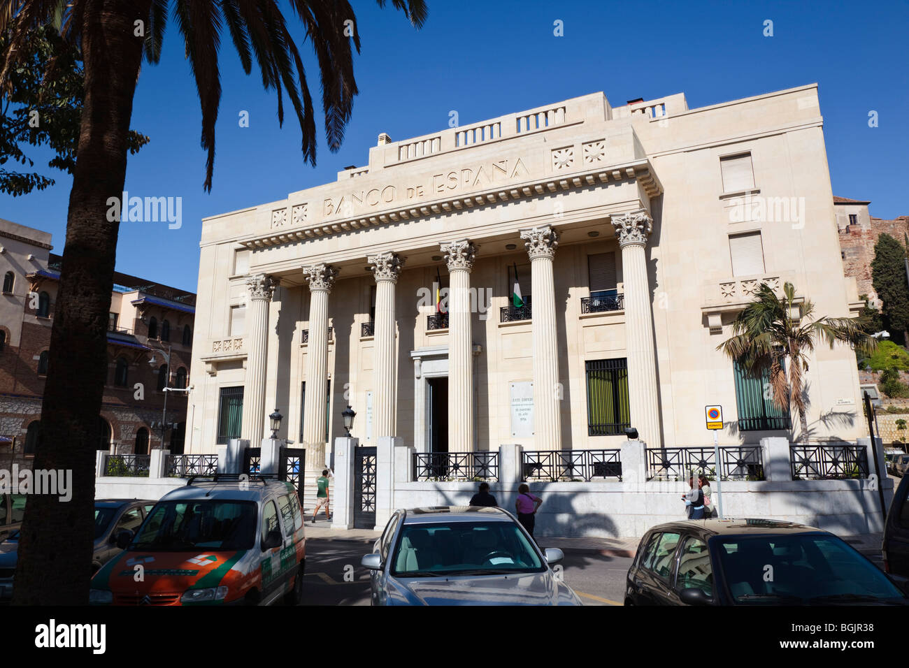 Malaga, provincia di Malaga, Costa del Sol, Spagna. Il neo-classico Banco de España edificio risalente al 1930. Foto Stock