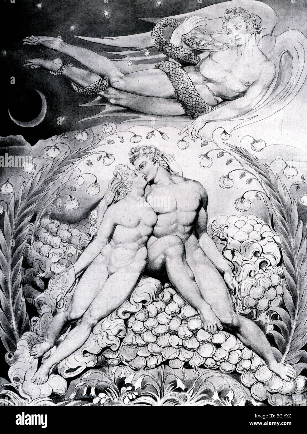 Paradiso Perduto illustrazione di William Blake nel 1807 illustra Adamo ed Eva guardato da Satana come egli detiene un serpente Foto Stock