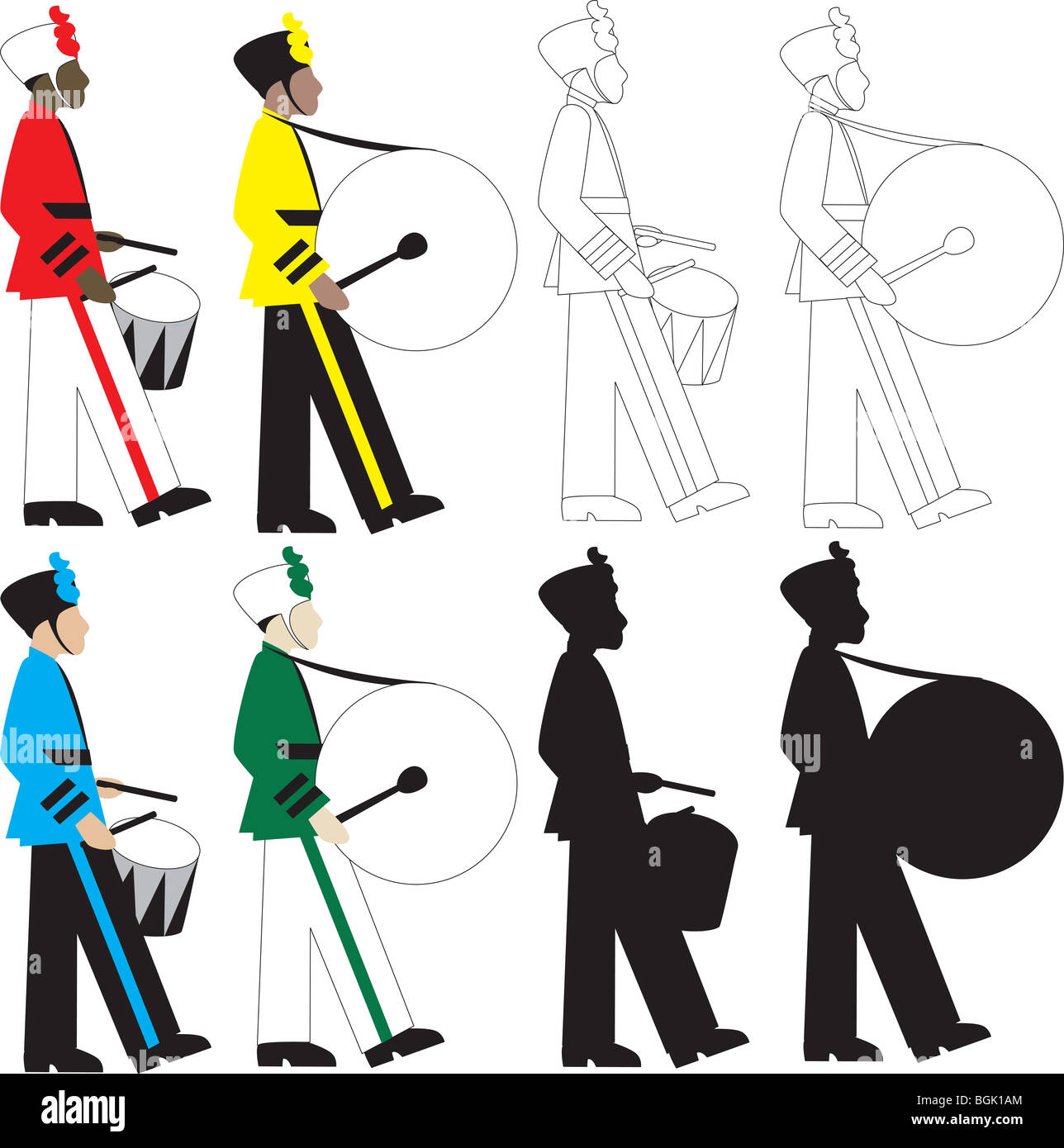 8 diversi tipi di batteristi illustrazione vettoriale. Foto Stock