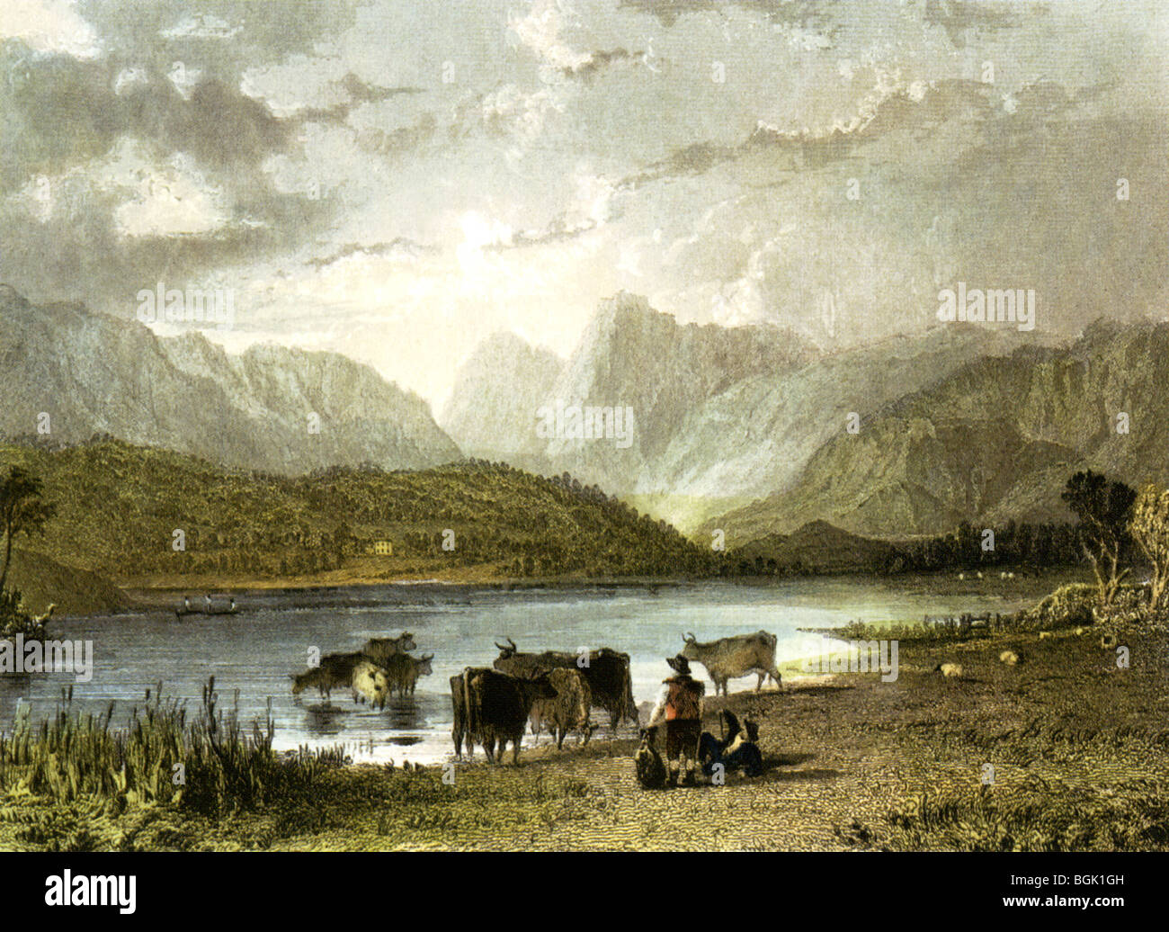 LAKE DISTRICT - Elterwater e The Langdale Pikes in una incisione 1832 Foto Stock