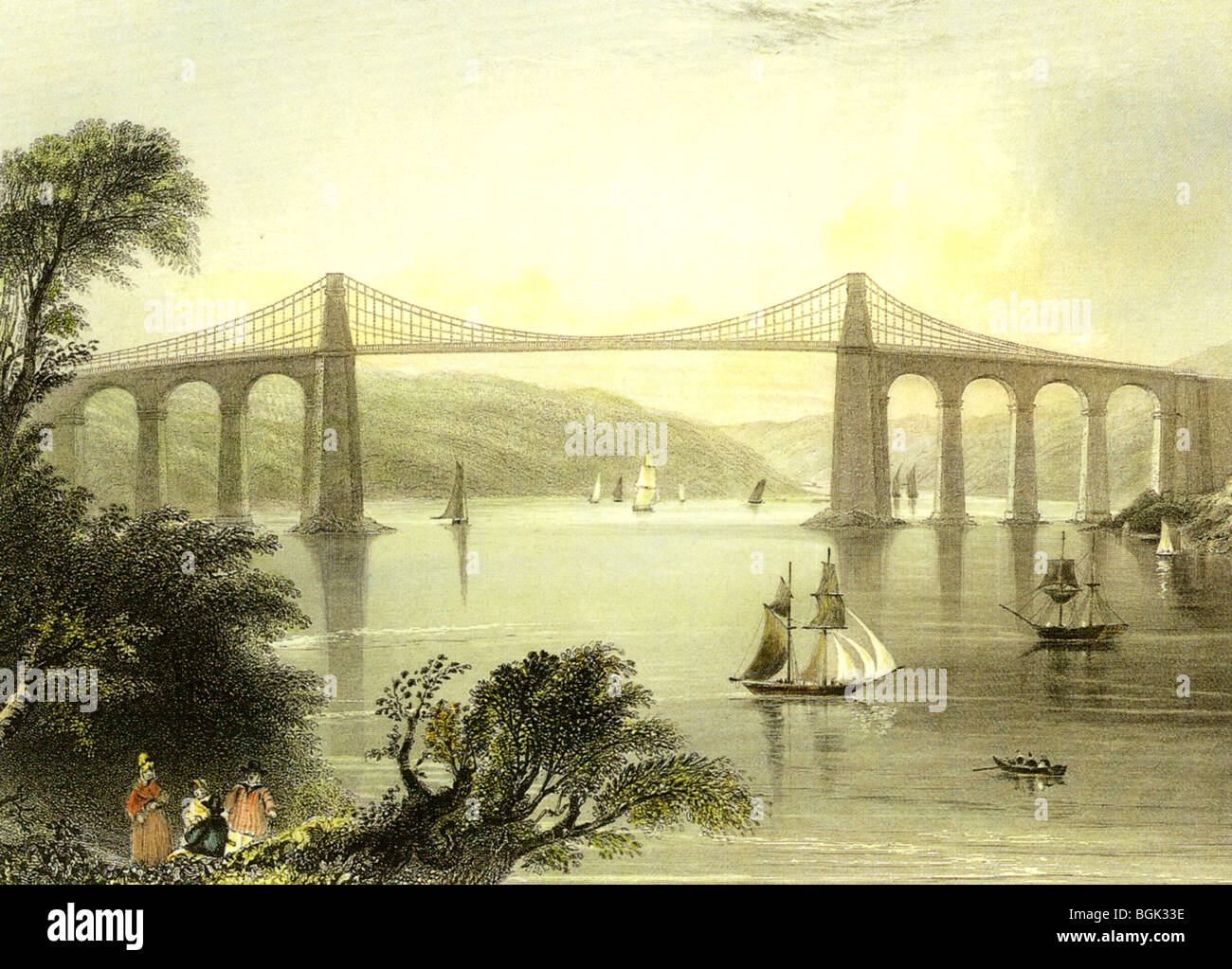 MENAI BRIDGE Angelsey collegamento e il Galles del Nord in un 1842 incisione. È stato progettato da Thomas Telford e aperto nel 1825. Foto Stock