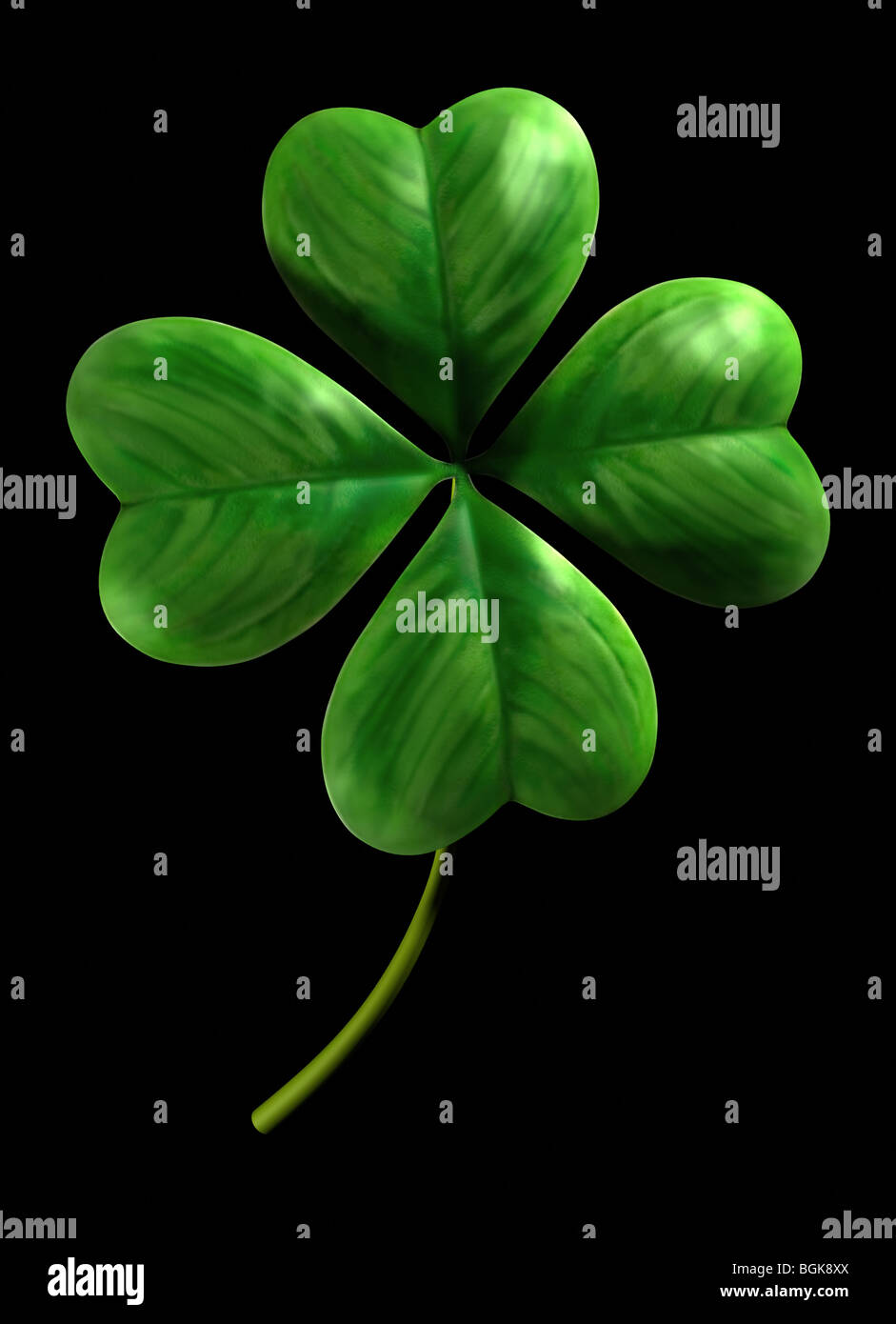 Quattro leafed shamrock simbolo di fortuna e Saint Patrick Day holiday isolati su sfondo nero Foto Stock