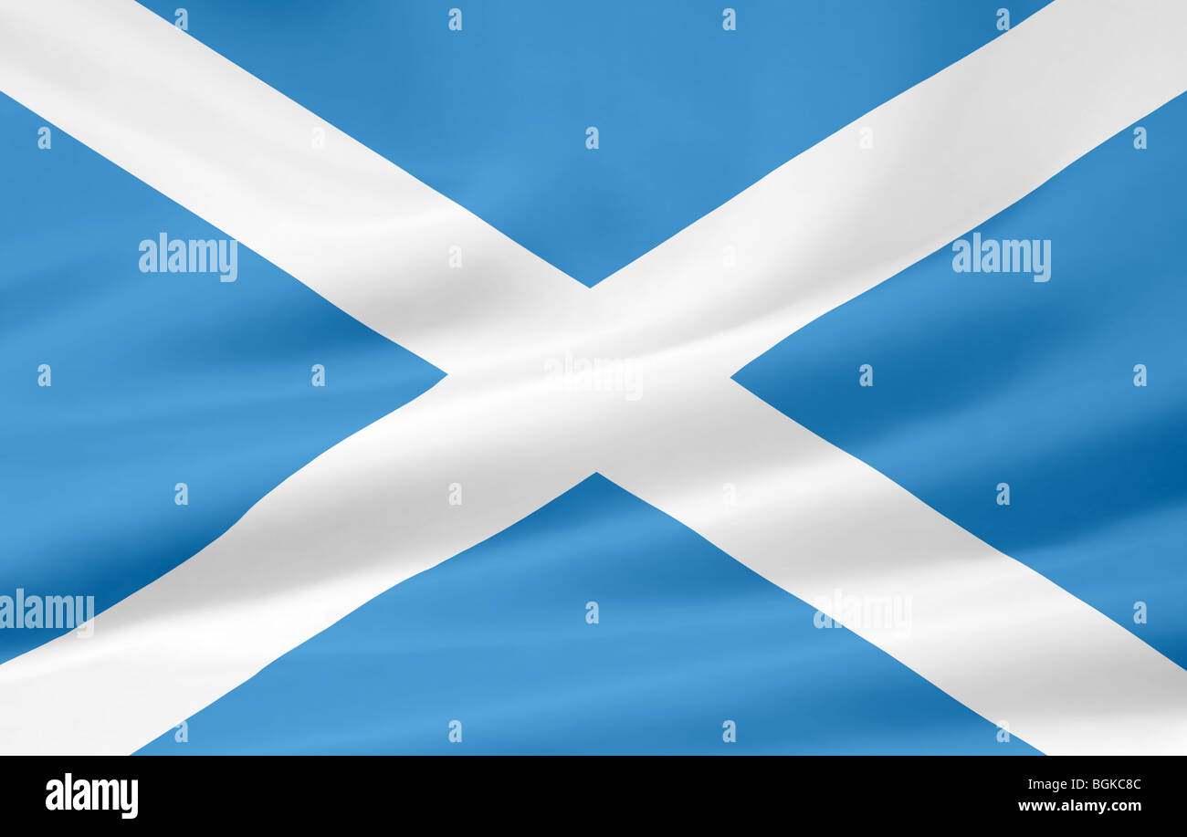 Una grande versione di una bandiera scozzese sventolando nel vento Foto Stock
