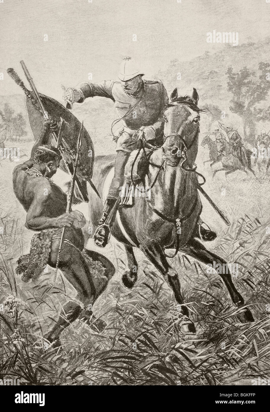 Un cavalryman inglese attacca un guerriero Zulu durante la guerra Anglo-Zulu del 1879. Foto Stock