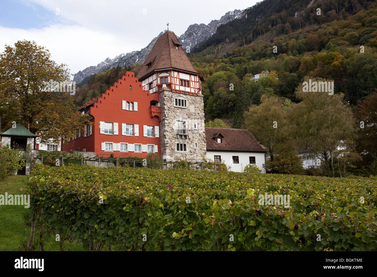 La casa rossa, un punto di riferimento di Vaduz entro i vigneti, Liechtenstein Foto Stock