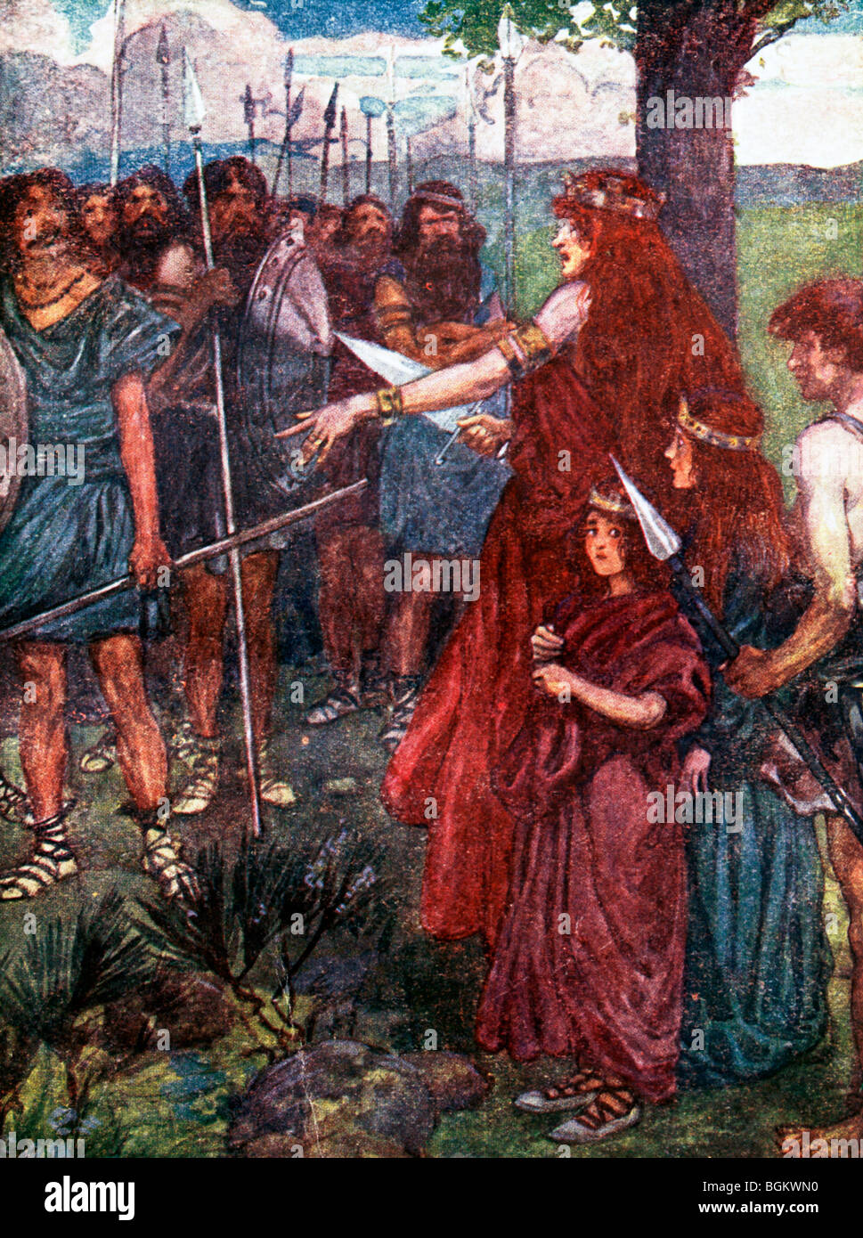 Boudica regina degli Iceni una tribù in East Anglia portando i suoi uomini sposati con Prasutagus ha combattuto i romani Foto Stock