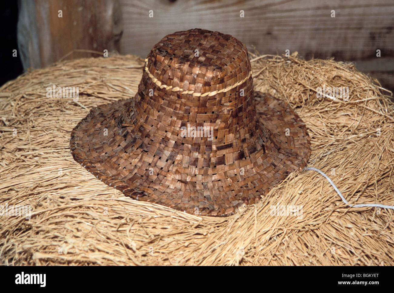 Conica intessuto di cedro cappello indossato da Suquamish persone e altre tribù lungo la fascia costiera della foresta di pioggia dello stato di Washington. Foto Stock