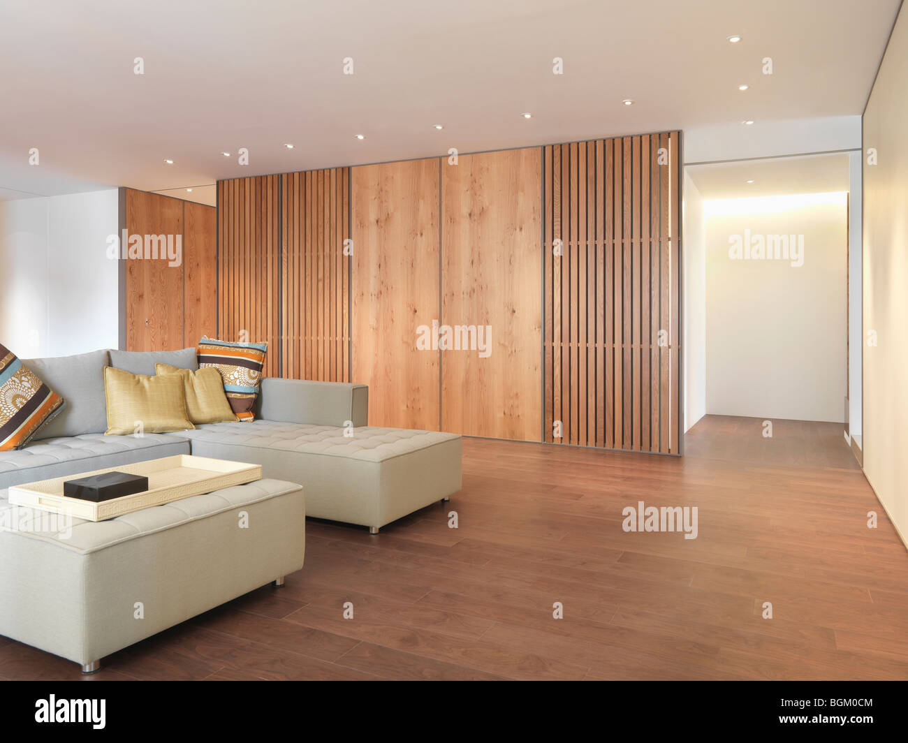 In stile minimalista soggiorno con pavimenti in legno duro Foto Stock