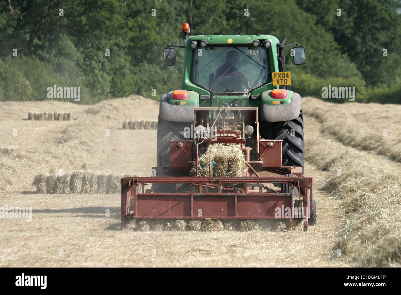 Agricoltore pressatura di fieno per alimentare il suo bestiame attraverso l'inverno Foto Stock