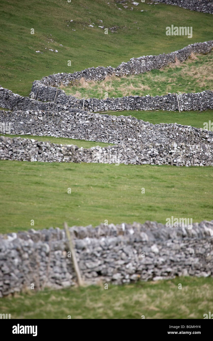 Le mura in pietra a secco in un paesaggio Derbyshire Foto Stock