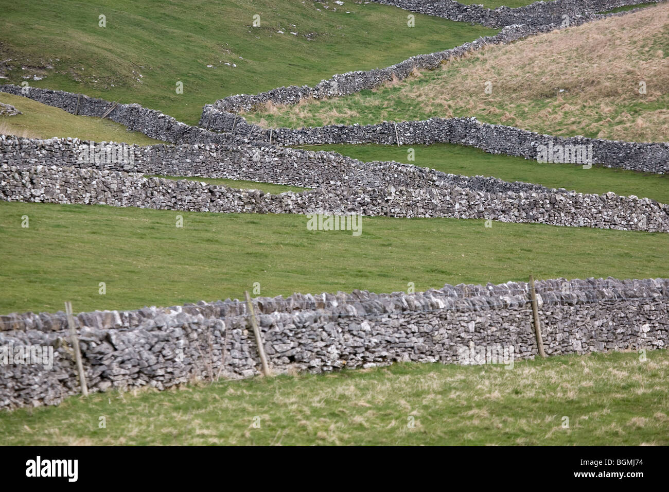 Le mura in pietra a secco in un paesaggio Derbyshire Foto Stock