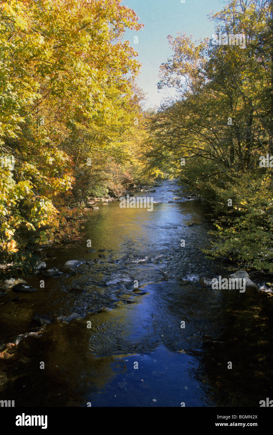 L'Oconaluftee il fiume si snoda attraverso la Qualla Prenotazione indiana tradizionale e patria della tribù Cherokee. Foto Stock