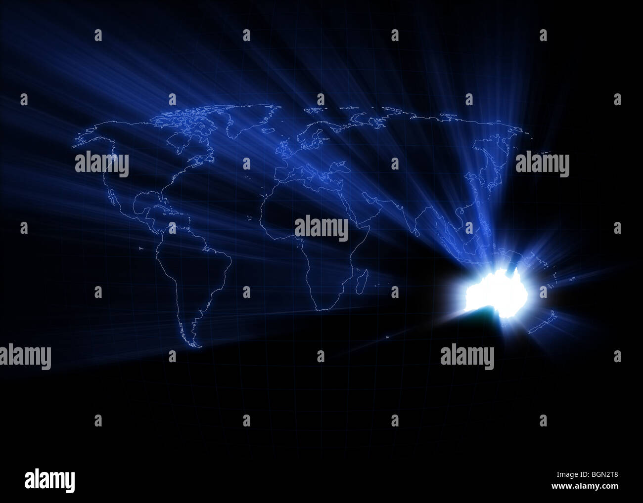 Mappa del mondo con l'Australia incandescente. Foto Stock