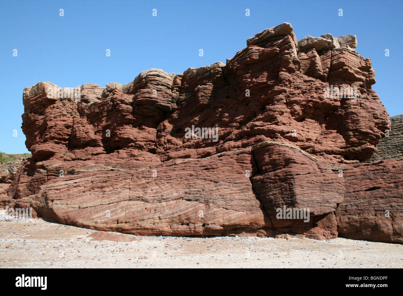 Bunter scogliera di arenaria su Hilbre Island, il Wirral, Merseyside, Regno Unito Foto Stock