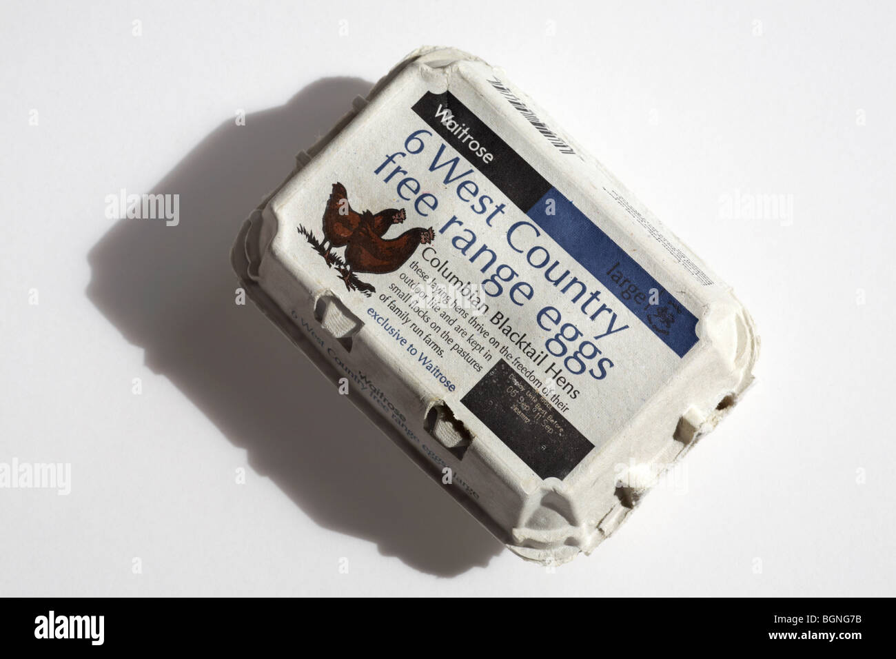 Uovo scatola chiusa - Waitrose 6 West Country free range uova Columbian Blacktail galline isolati su sfondo bianco - egg scatola chiusa eggbox Foto Stock