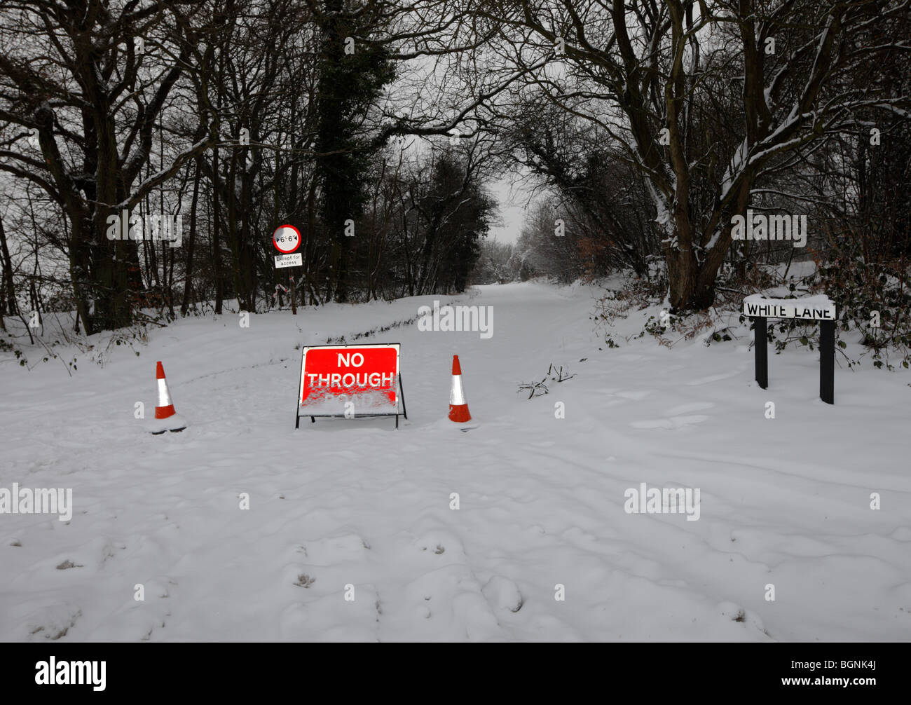 Paese strada chiusa a causa della neve. Foto Stock