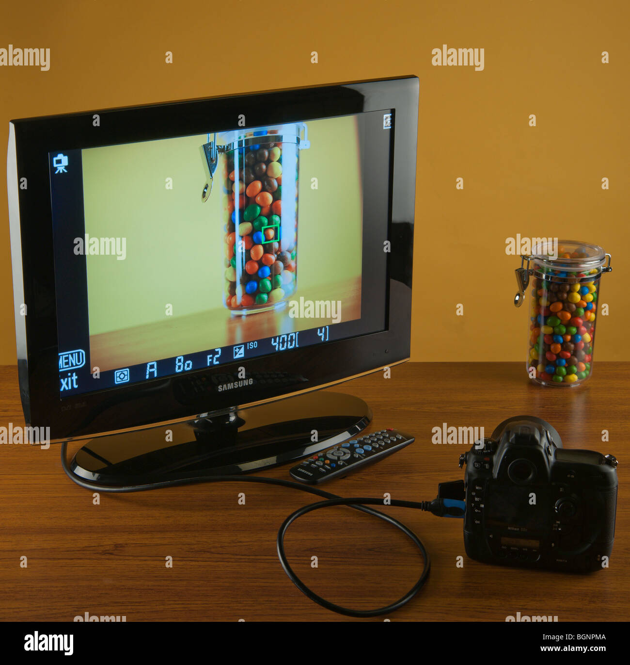 Macchina fotografica Nikon con HDMI in live view visualizzando una foto per  mettere a fuoco e comporre su un 22 pollici LCD Samsung schermo televisivo  Foto stock - Alamy