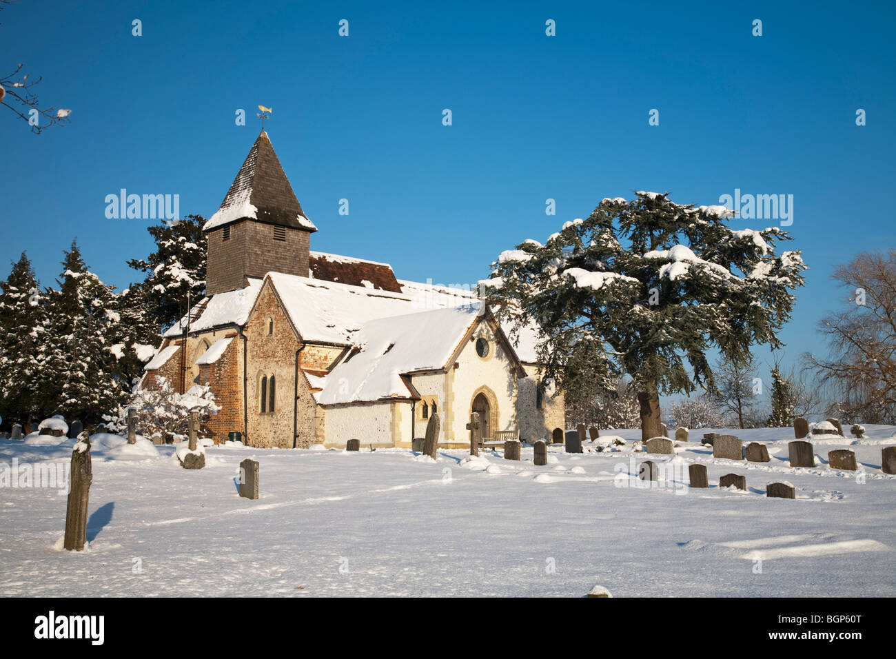 Santa Maria Vergine Chiesa nella neve, Silchester, Hampshire, Regno Unito Foto Stock
