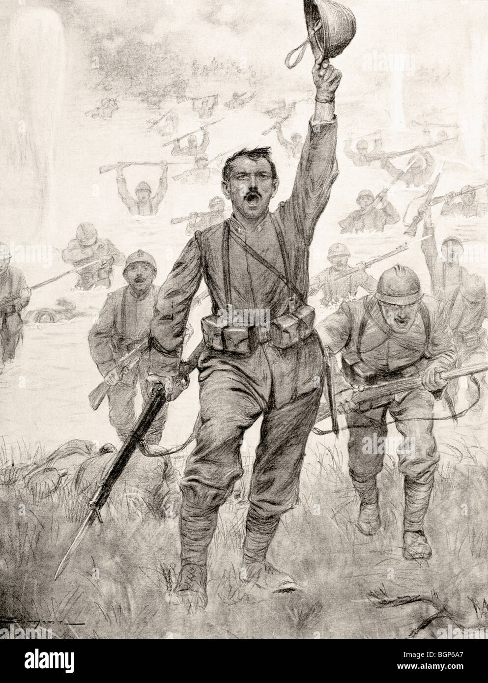 Le truppe italiane guadare il fiume Isonzo sotto il fuoco nel 1916. Foto Stock