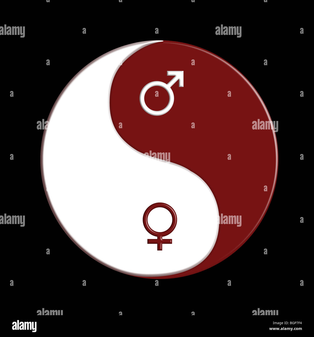 Il bianco e il rosso ying-yang segno con maschio e femmina di simboli su sfondo nero Foto Stock