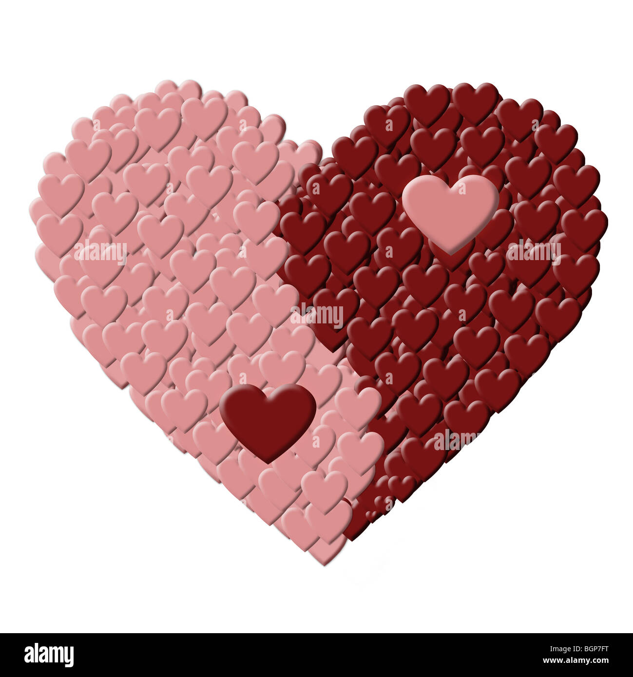 3D generata dal calcolatore ying-yang cuore stilizzato di minuscole rosa e cuori rosso su bianco Foto Stock