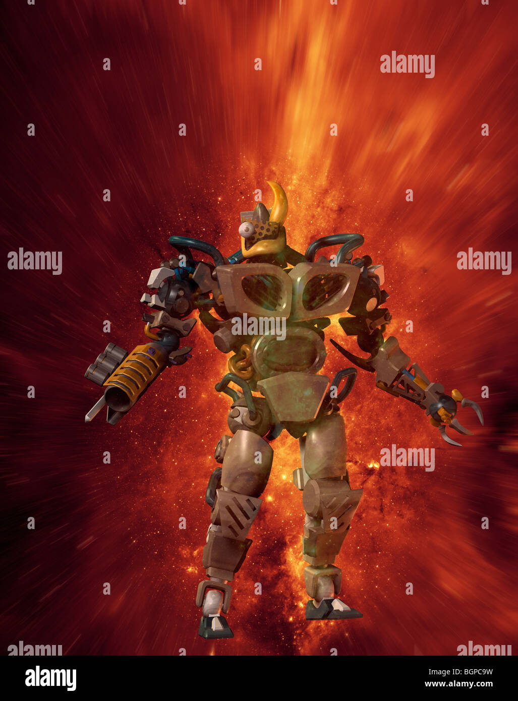 Computer generate concetto di un futuristico armor clad robot maschio emergente da una esplosione galattica Foto Stock