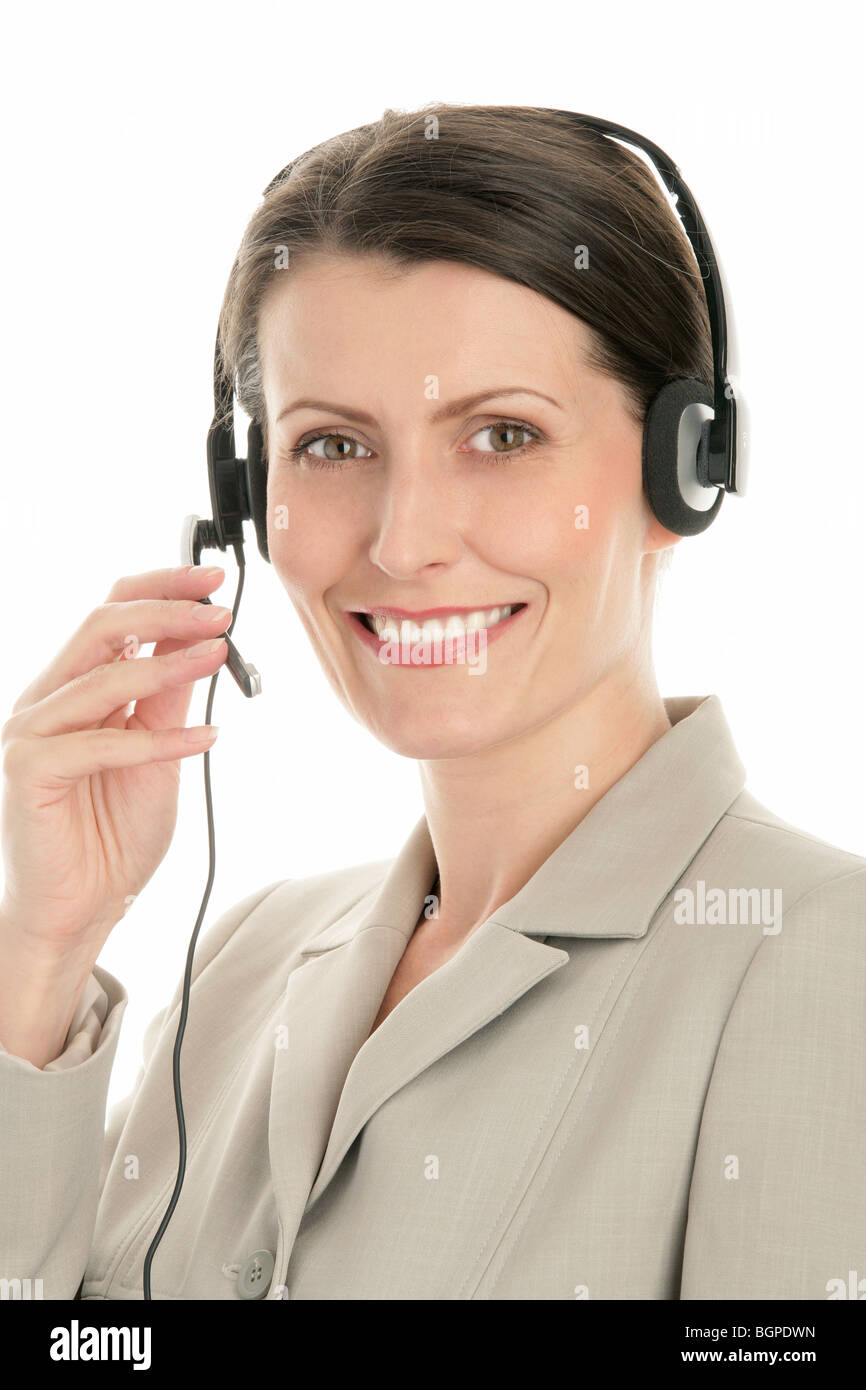 Coppia operatore telefonico che indossa la cuffia isolati su sfondo bianco Foto Stock