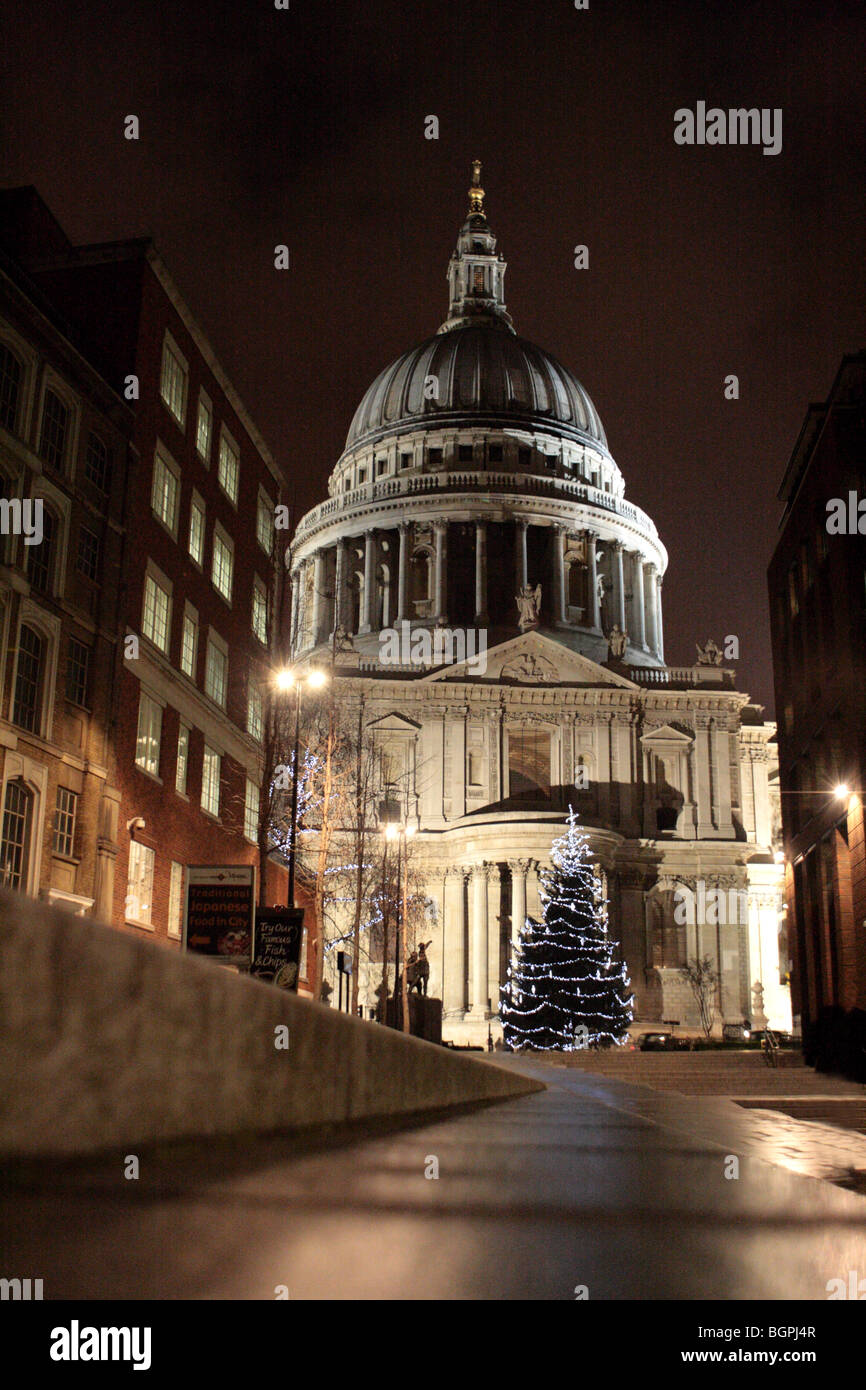 La Cattedrale di St Paul London accesa su un dicembre notte con un albero di Natale dalla parte anteriore Foto Stock