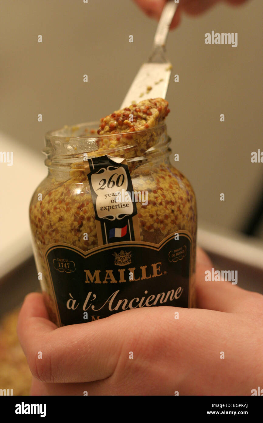 Maille senape bottiglia. Il francese ben noto prodotto. Foto Stock