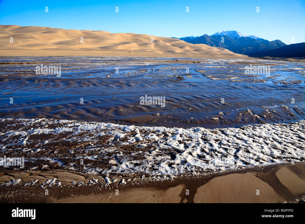 Bordati di ghiaccio Medano Creek, Grande dune sabbiose del Parco Nazionale di Colorado, STATI UNITI D'AMERICA Foto Stock