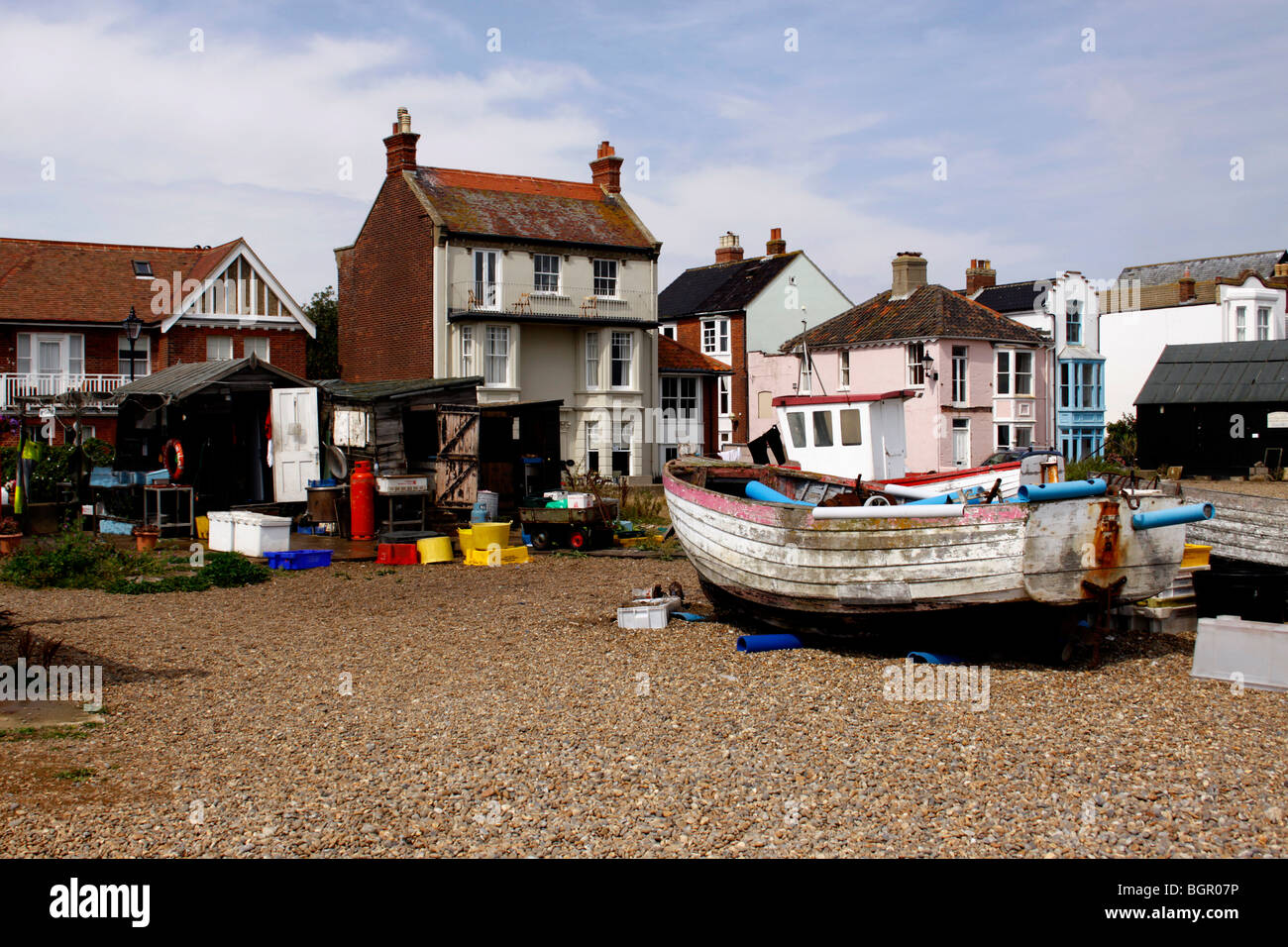 FISHERMAN'S CAPANNONI A ALDEBURGH nella contea di Suffolk. Regno Unito. Foto Stock