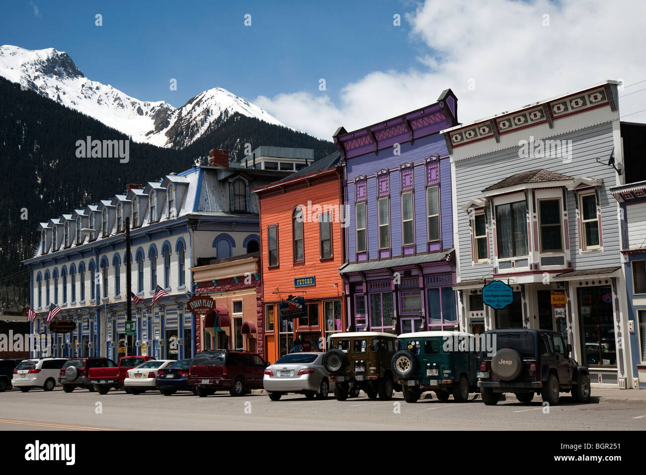 Gli edifici in stile vittoriano in Main Street Silverton, old west città mineraria, San Juan County Colorado, STATI UNITI D'AMERICA Foto Stock