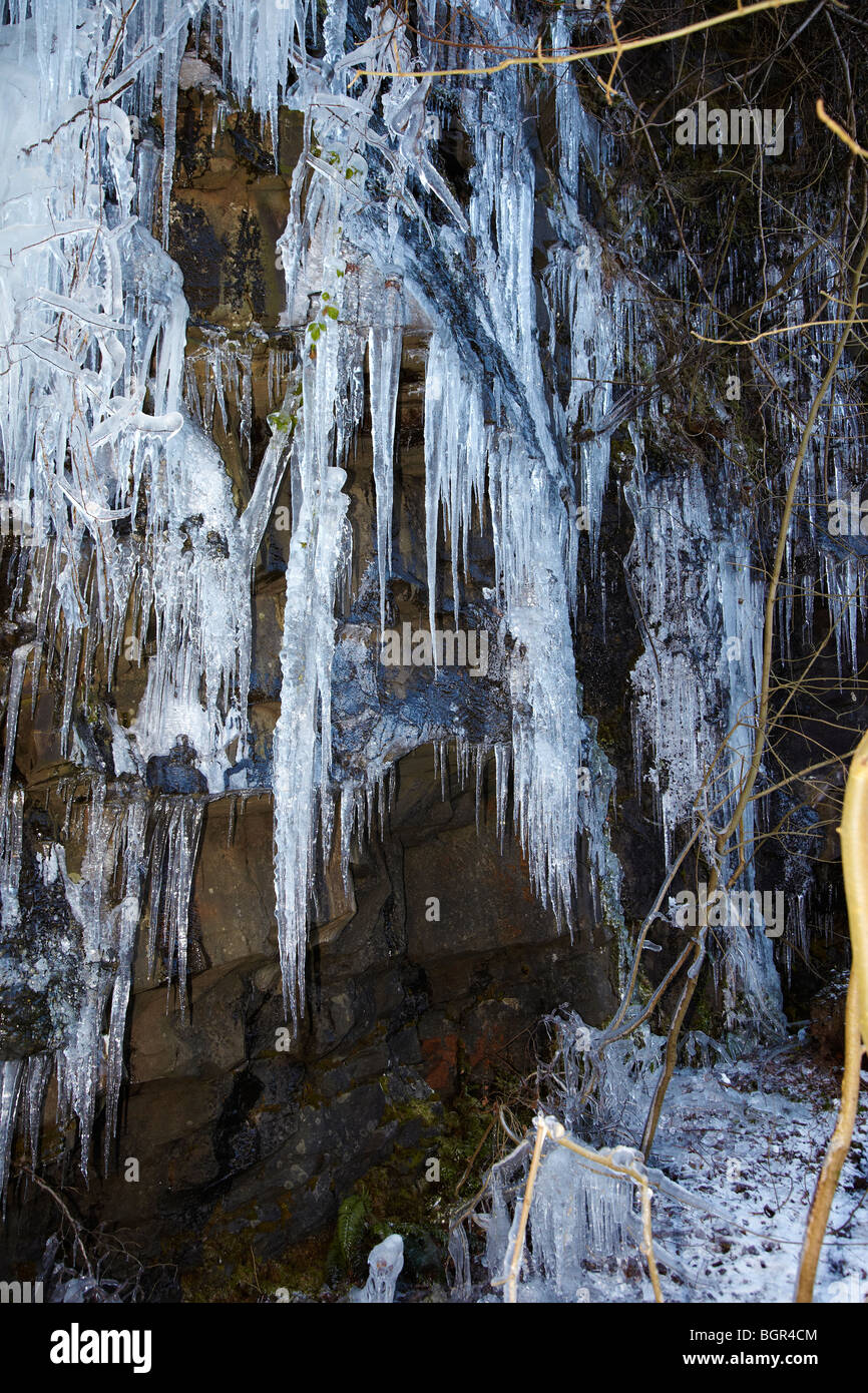 Ghiaccioli sugli alberi e rocce a Pontneddfechan, lungo il fiume Nedd Fechan nel Neath Valley, South Wales, Regno Unito Foto Stock