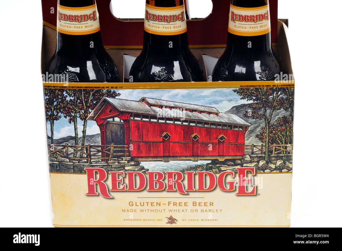 Un pacco di bottiglie di Redbridge birra esente da glutine closeup su sfondo bianco Foto Stock