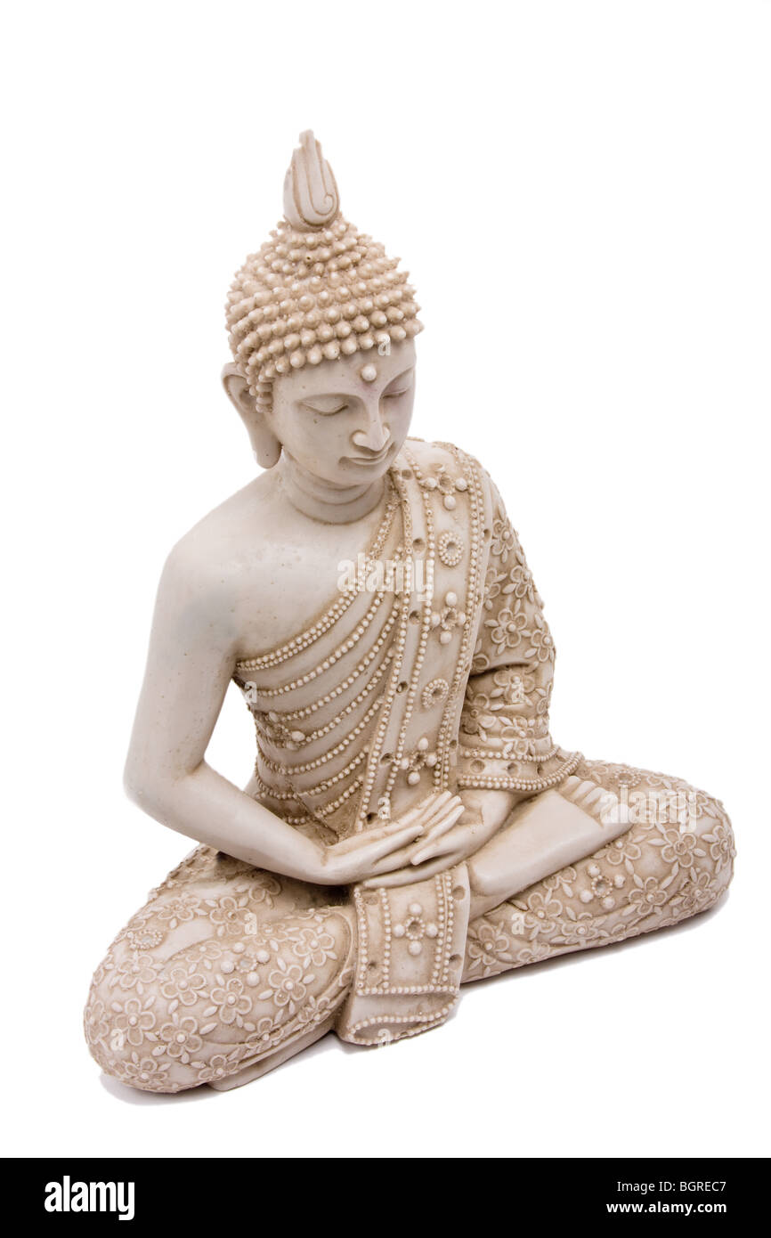 Statua del Buddha close up isolata contro uno sfondo bianco. Foto Stock
