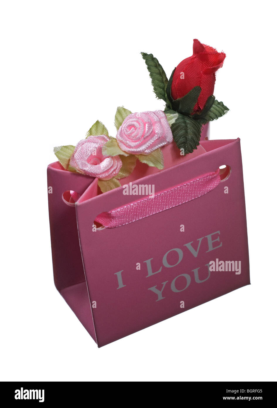 Una borsa regalo contro uno sfondo bianco. Foto Stock