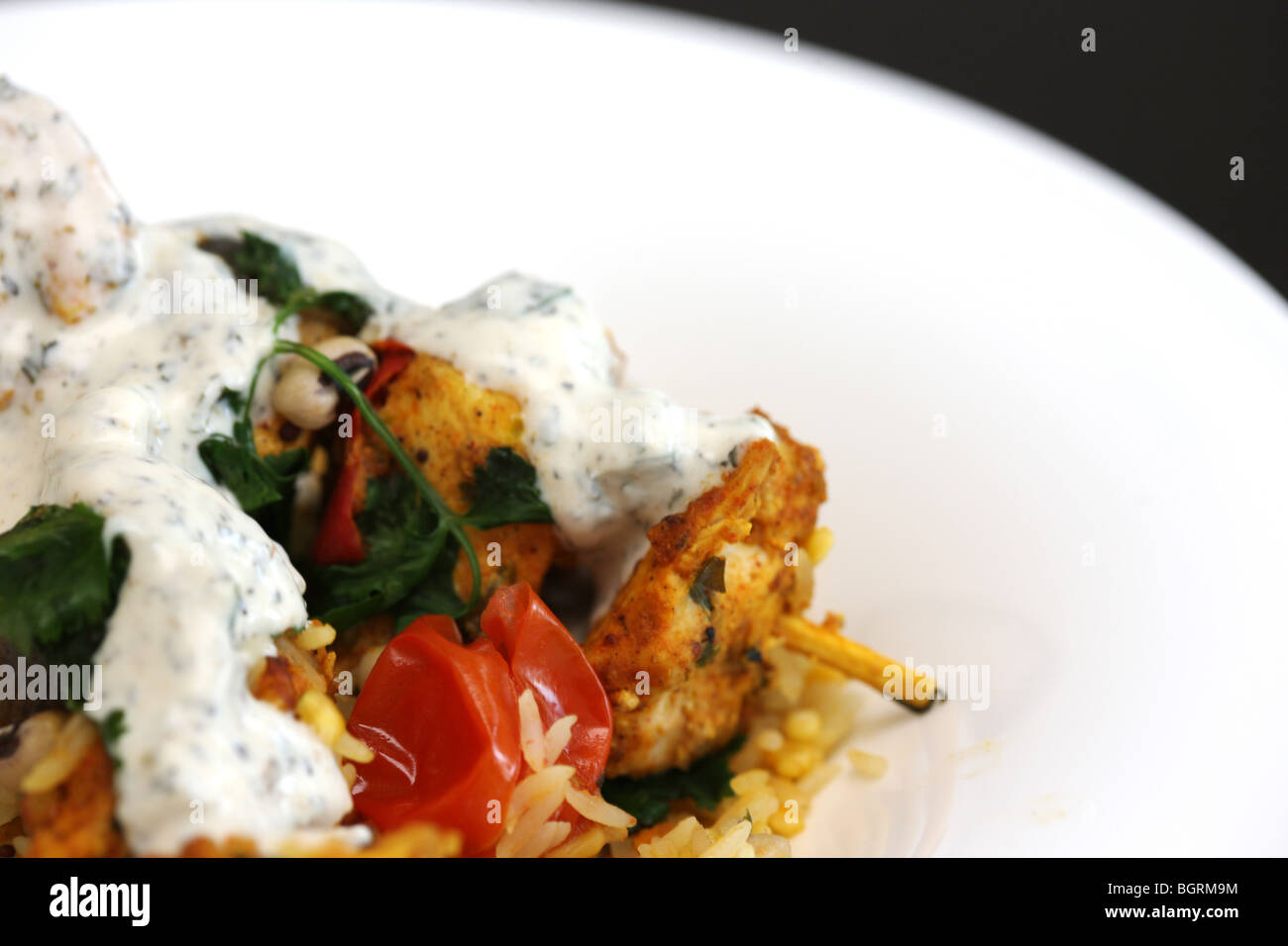 Fresh North Indian Achari Pollo al Curry spiedini con riso pilaf e Raita di cetriolo con nessun popolo contro uno sfondo nero Foto Stock