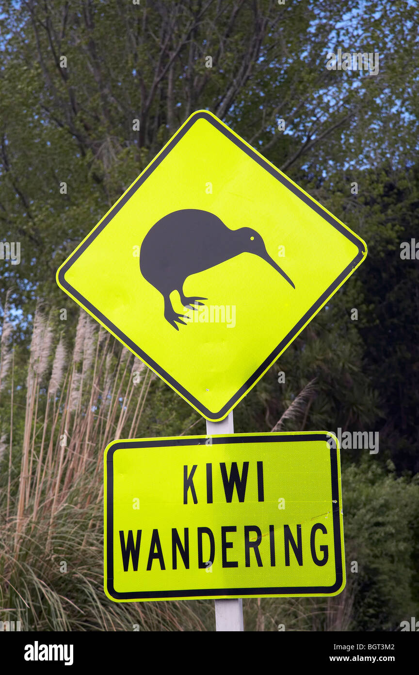 Kiwi segno di avvertimento, vicino Whakatane, Baia di Planty, Isola del nord, Nuova Zelanda Foto Stock