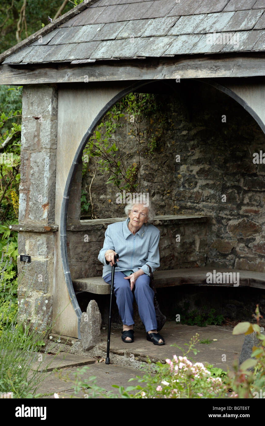Capelli bianchi titolare di pensione o di rendita di riposo in un rifugio da giardino Foto Stock