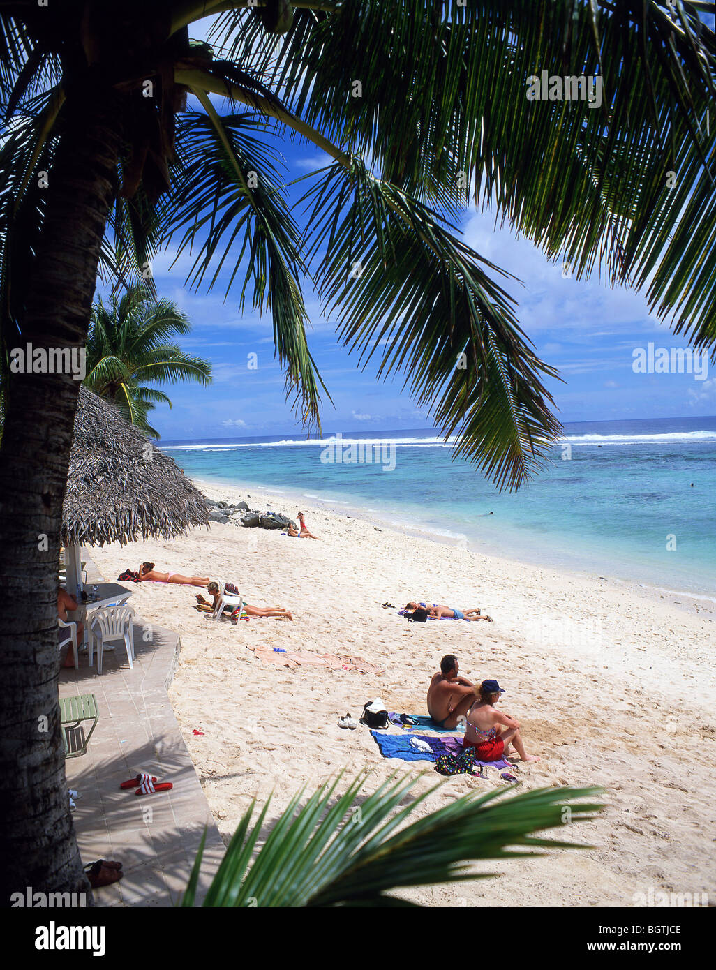 Vista della spiaggia, Edgewater Resort Rarotonga Isole Cook, Oceano Pacifico del Sud Foto Stock