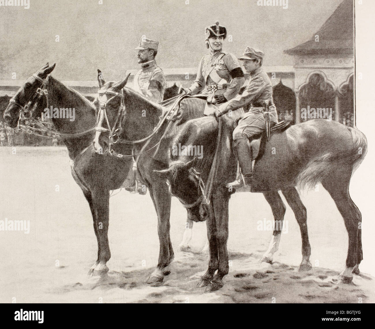 Il re Ferdinando e la Regina Maria di Romania e il loro secondo figlio principe Nikolàj a una truppa revue di Bucarest nel 1916. Foto Stock